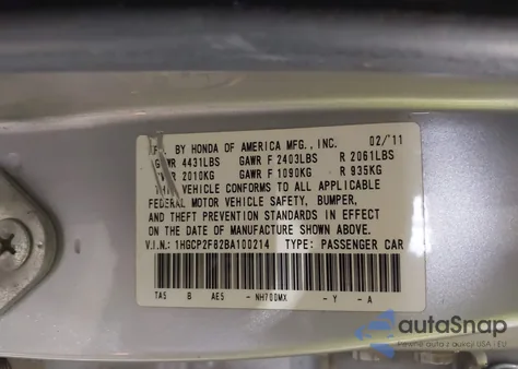 2011 Honda Accord 2.4 Ex-L z USA, uszkodzony, nr VIN 1HGCP2F82BA100214